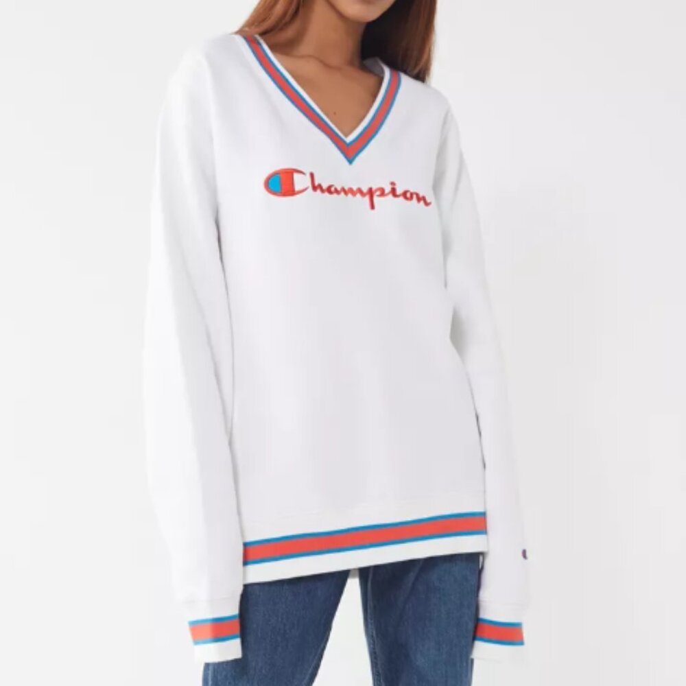 Champion Sweatshirt Heritage V-Neck Striped Trim White Small